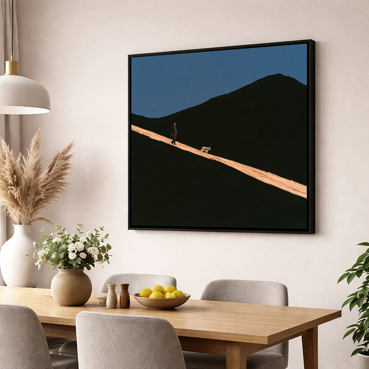 Dog Walker on Sunlit Skiddaw gifts for dog walkers wall art displayed in a dining room