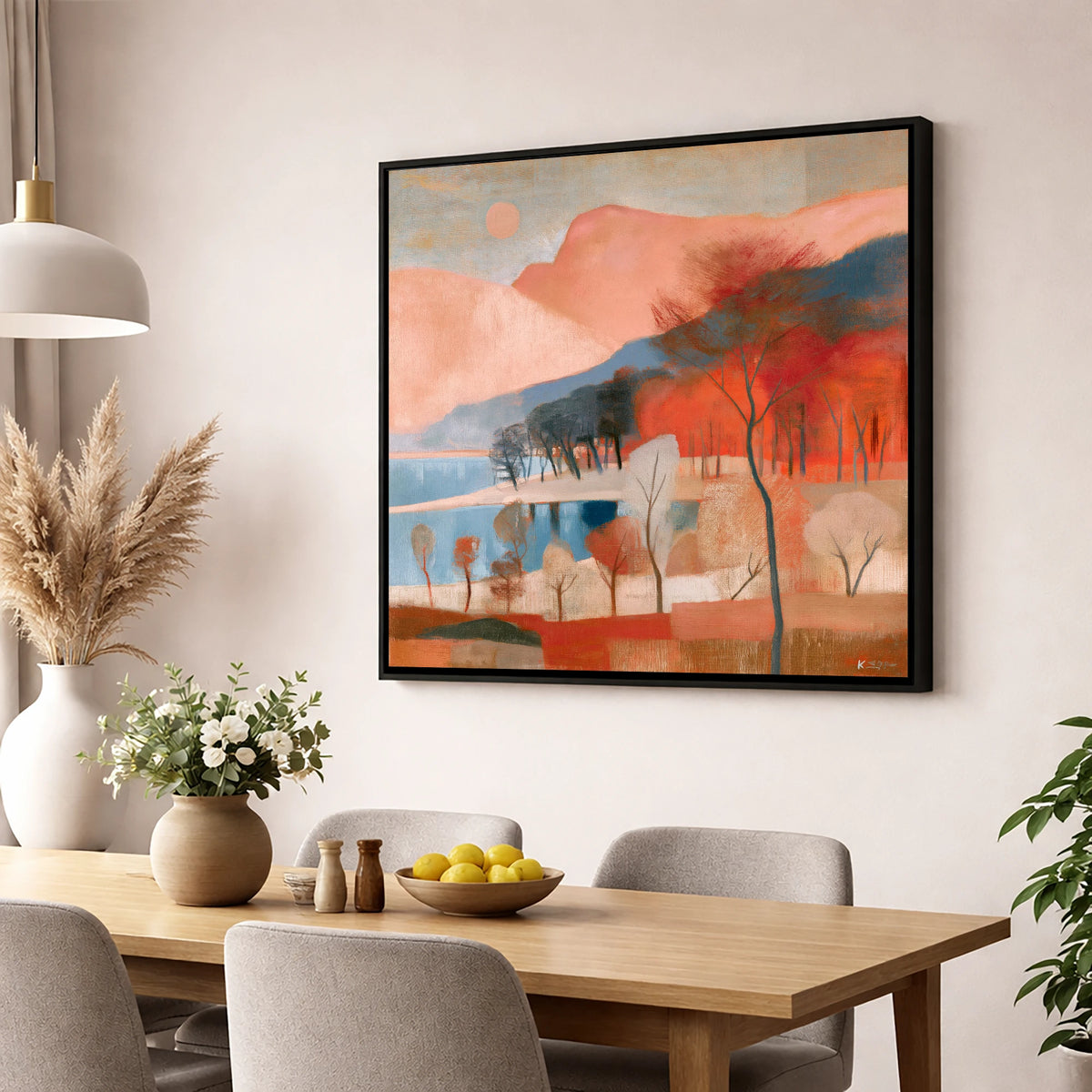 Terracotta Fells and Slate Lake lake district lake wall art displayed in a dining room