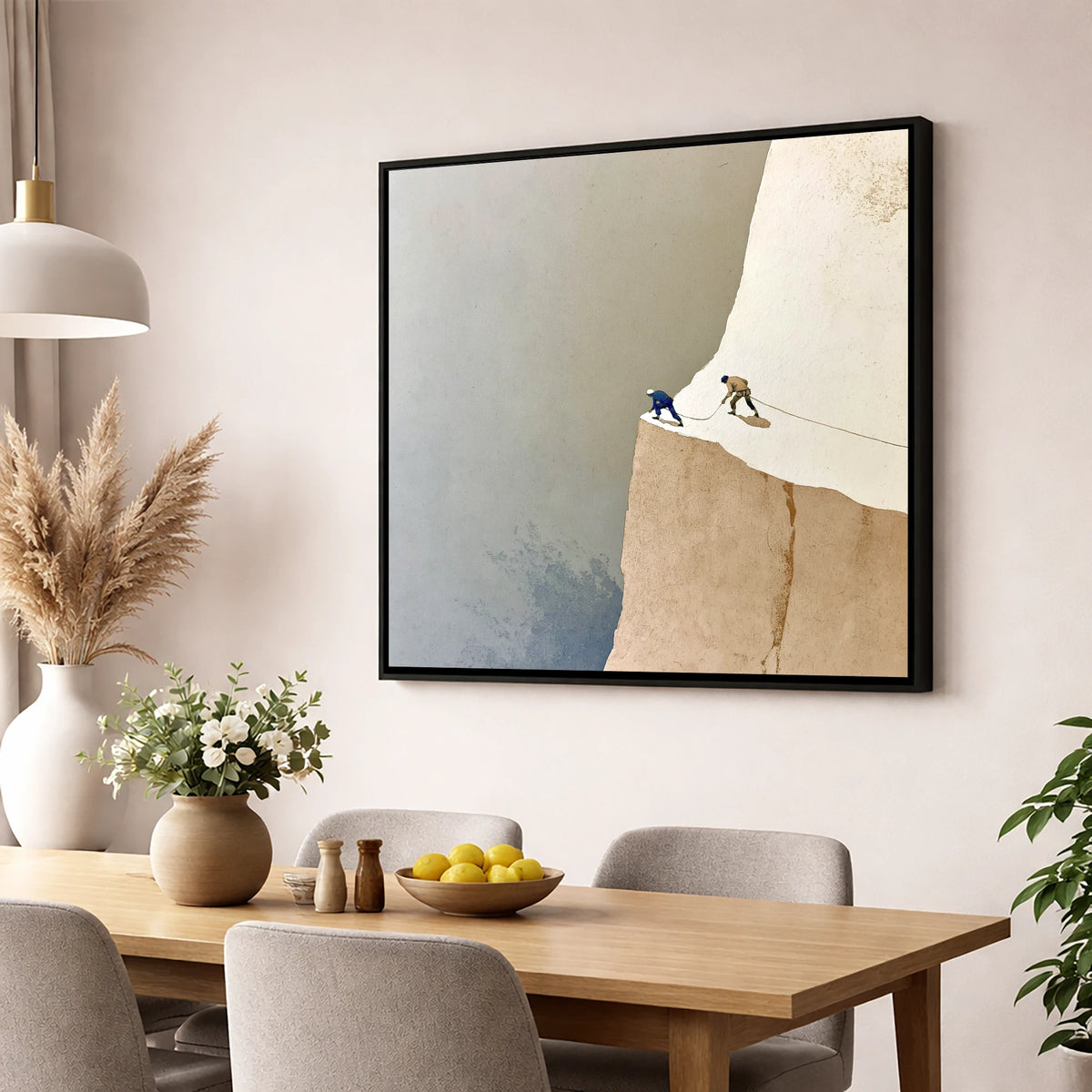 Climbers on a Misty Crag lake district walking wall art displayed in a dining room