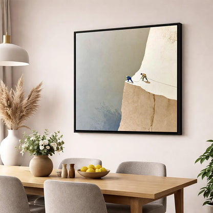 Climbers on a Misty Crag lake district walking wall art displayed in a dining room