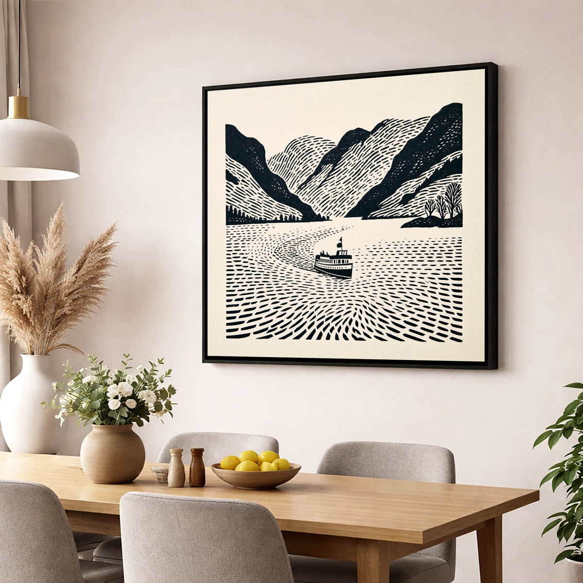 Ullswater Steamer on Swirling Waters lake district lake wall art displayed in a dining room