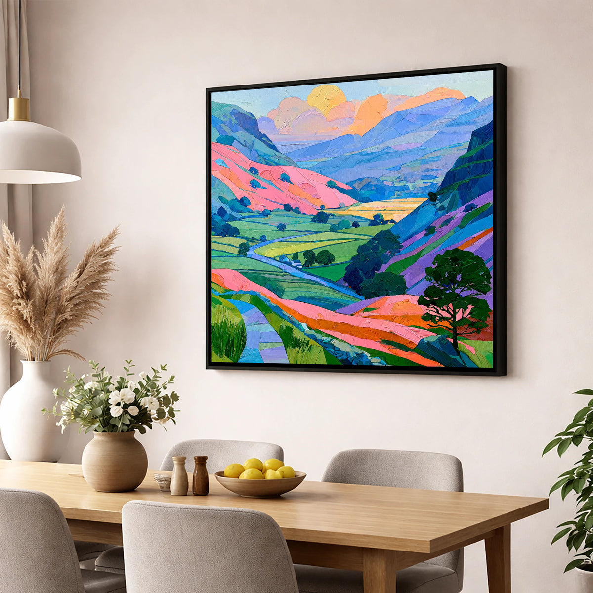 Vibrant Fells and Green Valley lake district valley wall art displayed in a dining room