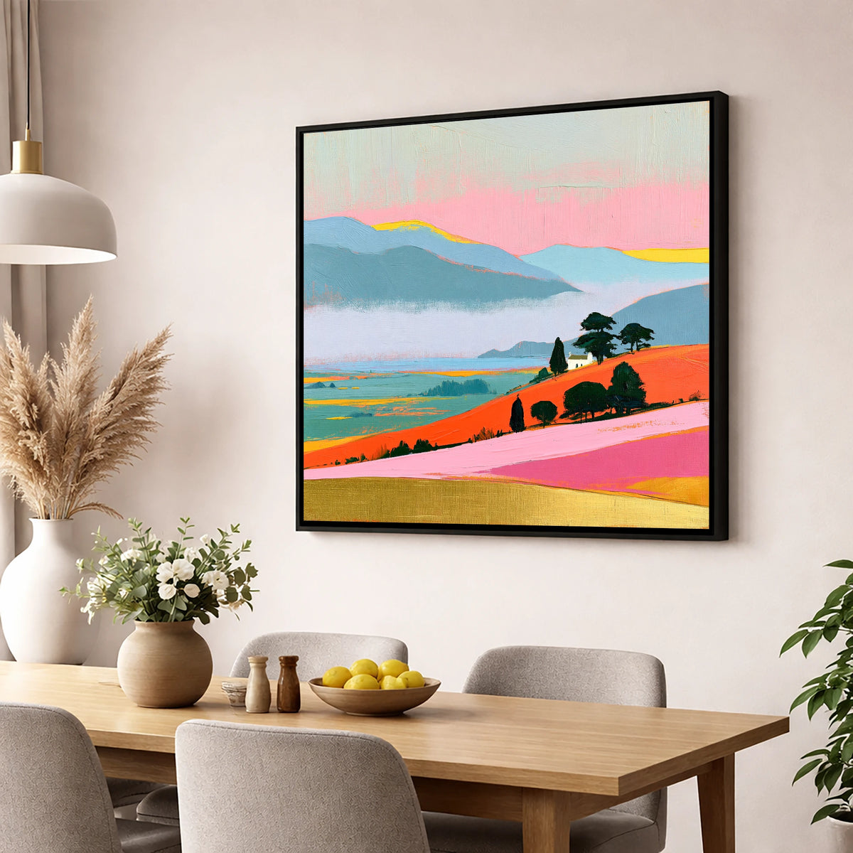 Vibrant Morning Valley Mist lake district sky wall art displayed in a dining room