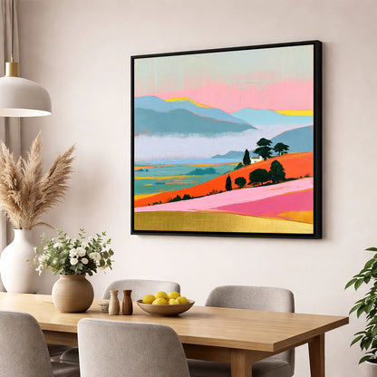 Vibrant Morning Valley Mist lake district sky wall art displayed in a dining room