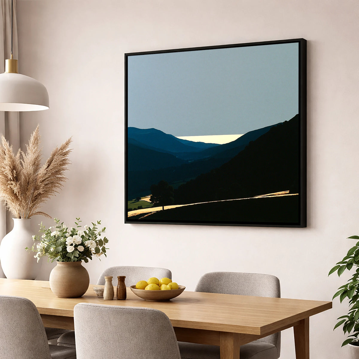 Luminous Valley Mist at Dawn lake district sky wall art displayed in a dining room