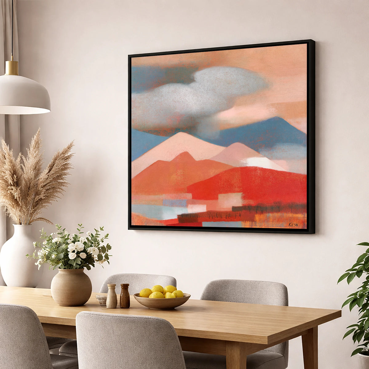 Terracotta Fells Beneath Storm Clouds lake district sky wall art displayed in a dining room