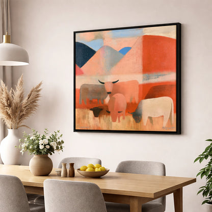 Highland Cattle and Terracotta Fells lake district wildlife wall art displayed in a dining room