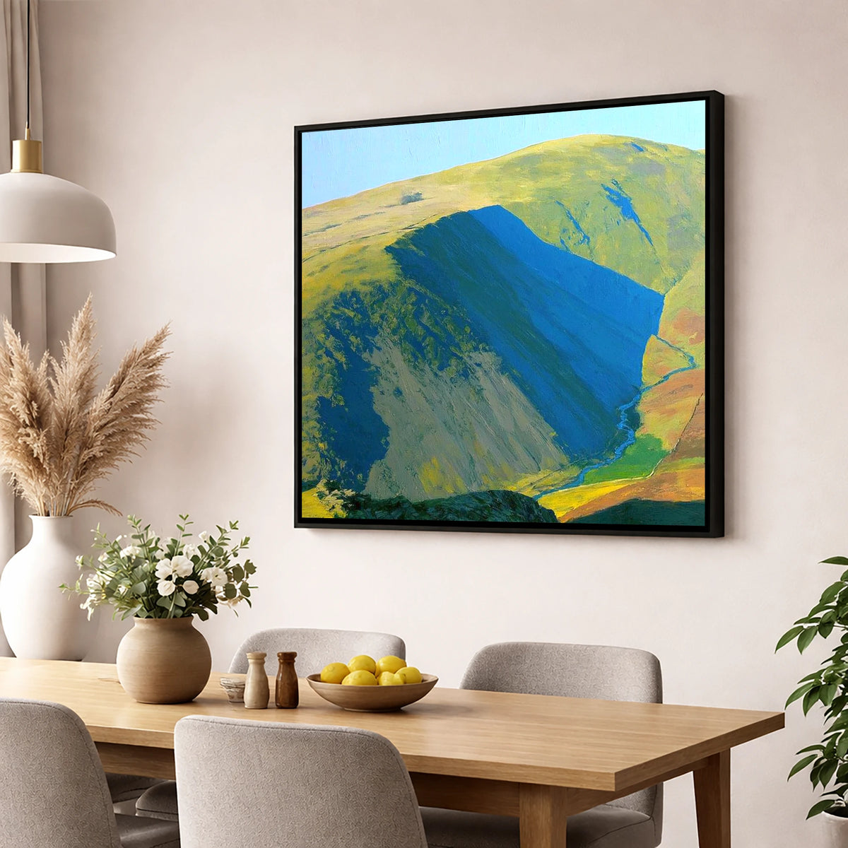 Branstree Fell and Valley Shadows lake district fell wall art displayed in a dining room