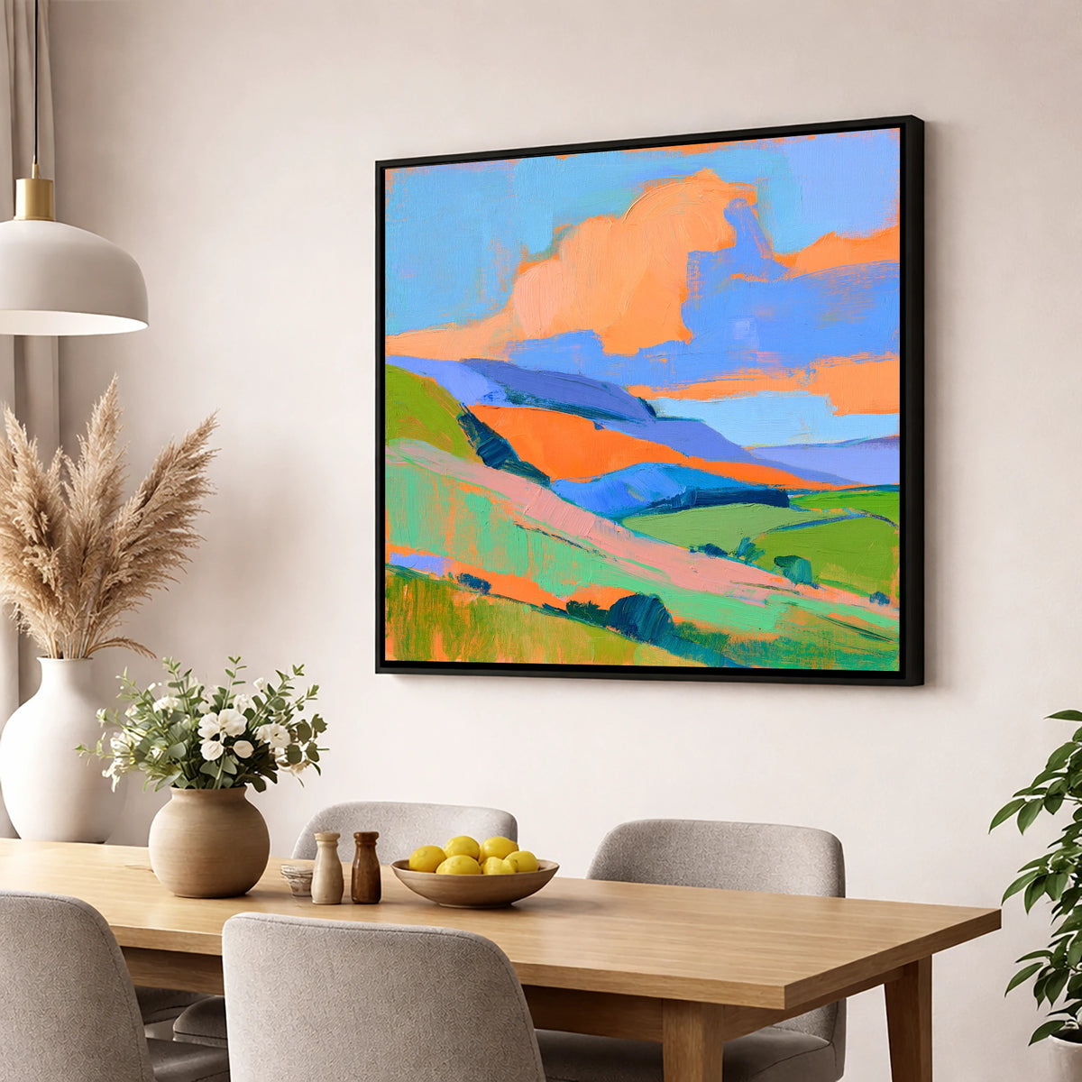 Orange Clouds Over Rolling Fells lake district fell wall art displayed in a dining room