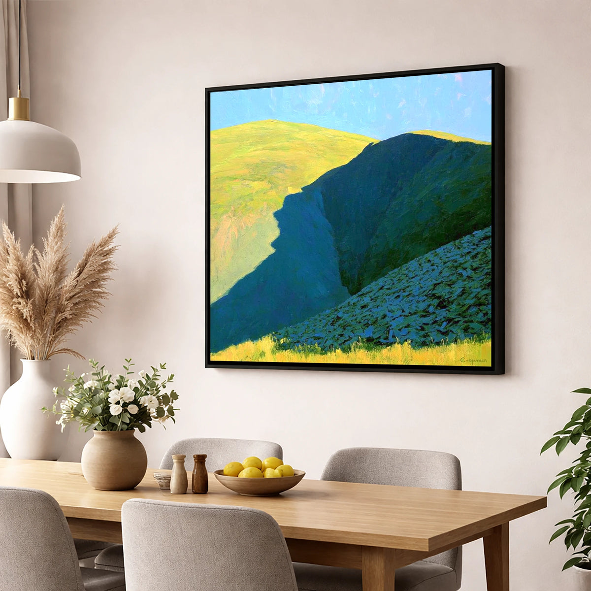 Great Sca Fell Twin Peaks lake district fell wall art displayed in a dining room