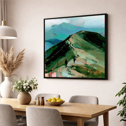 Silhouetted Hikers on Fell Ridge lake district fell wall art displayed in a dining room