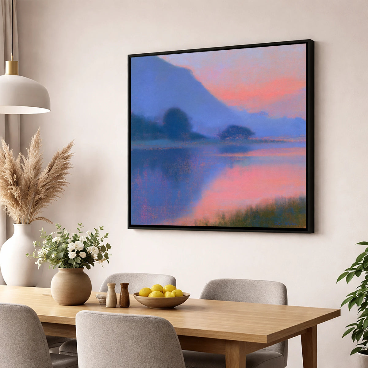 Lake Reflections in Pink Twilight lake district lake wall art displayed in a dining room