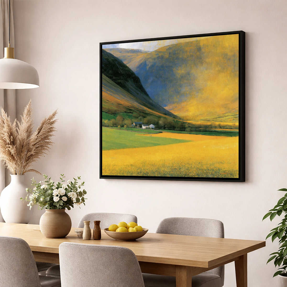 Golden Light Over Valley Fields lake district valley wall art displayed in a dining room