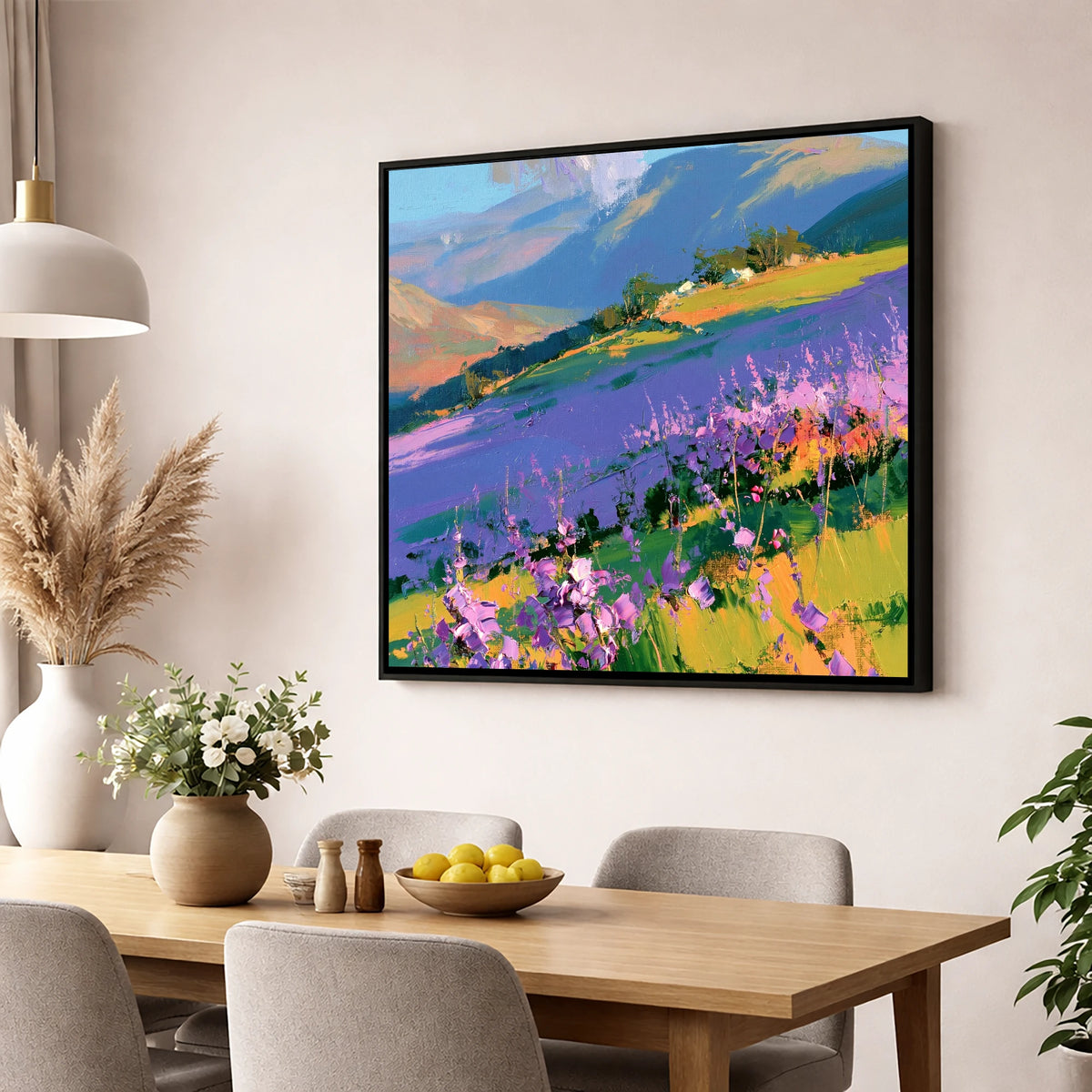 Vibrant Heather on a Lakeland Fellside flowers & fellsides wall art displayed in a dining room