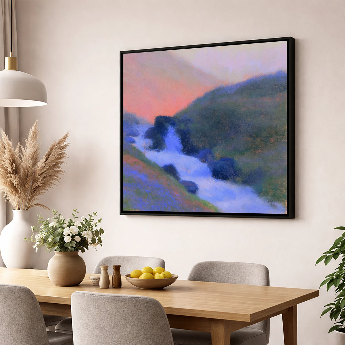 Fellside Beck in Peach Twilight lake district waterfall wall art displayed in a dining room