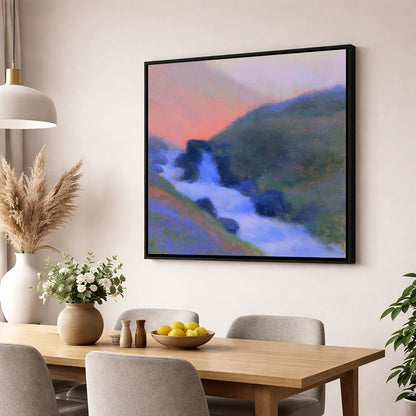 Fellside Beck in Peach Twilight lake district waterfall wall art displayed in a dining room
