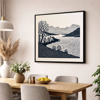 Stark Trees at Coniston Water lake district lake wall art displayed in a dining room