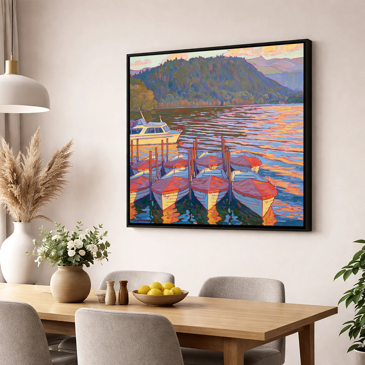 Red Covered Boats on Windermere lake district lake wall art displayed in a dining room