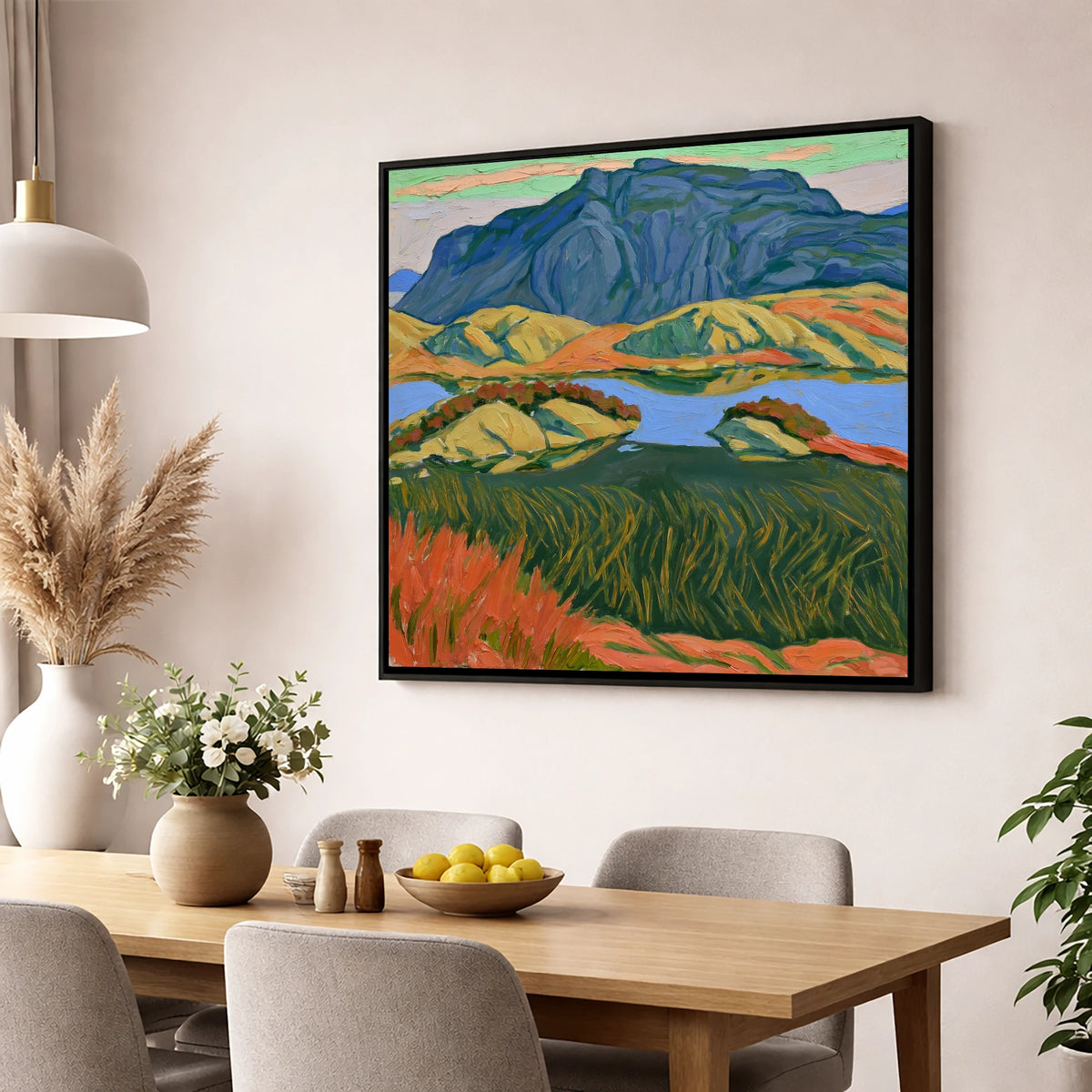 Bold Haystacks Over Dark Tarn lake district fell wall art displayed in a dining room