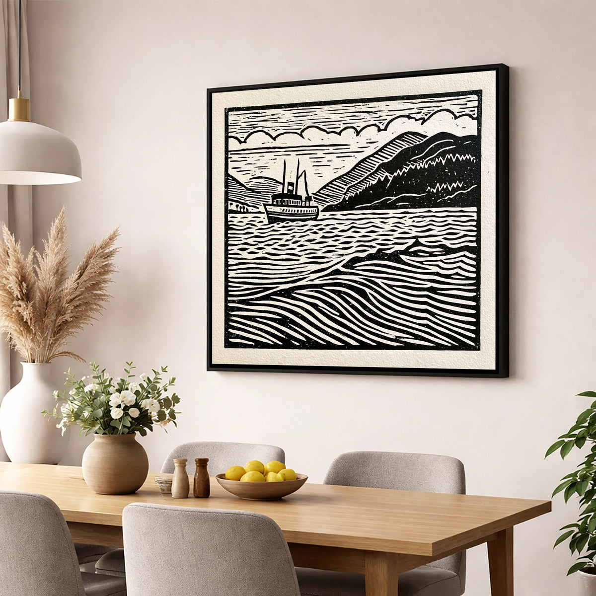 Monochrome Steamer on Ullswater lake district lake wall art displayed in a dining room