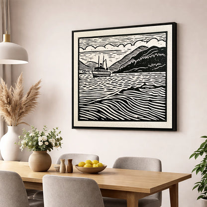 Monochrome Steamer on Ullswater lake district lake wall art displayed in a dining room