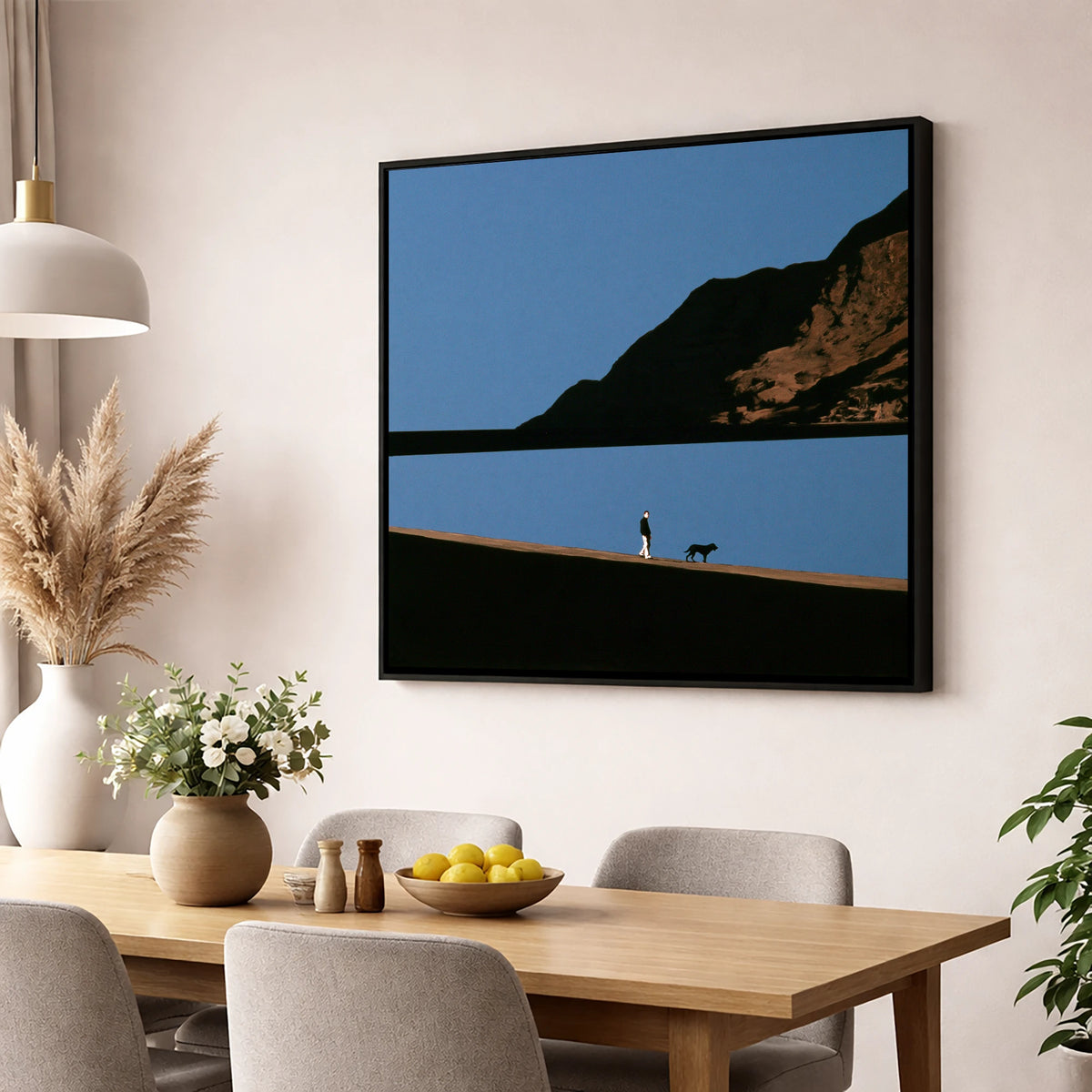 Silhouetted Dog Walker at Ennerdale Water gifts for dog walkers wall art displayed in a dining room