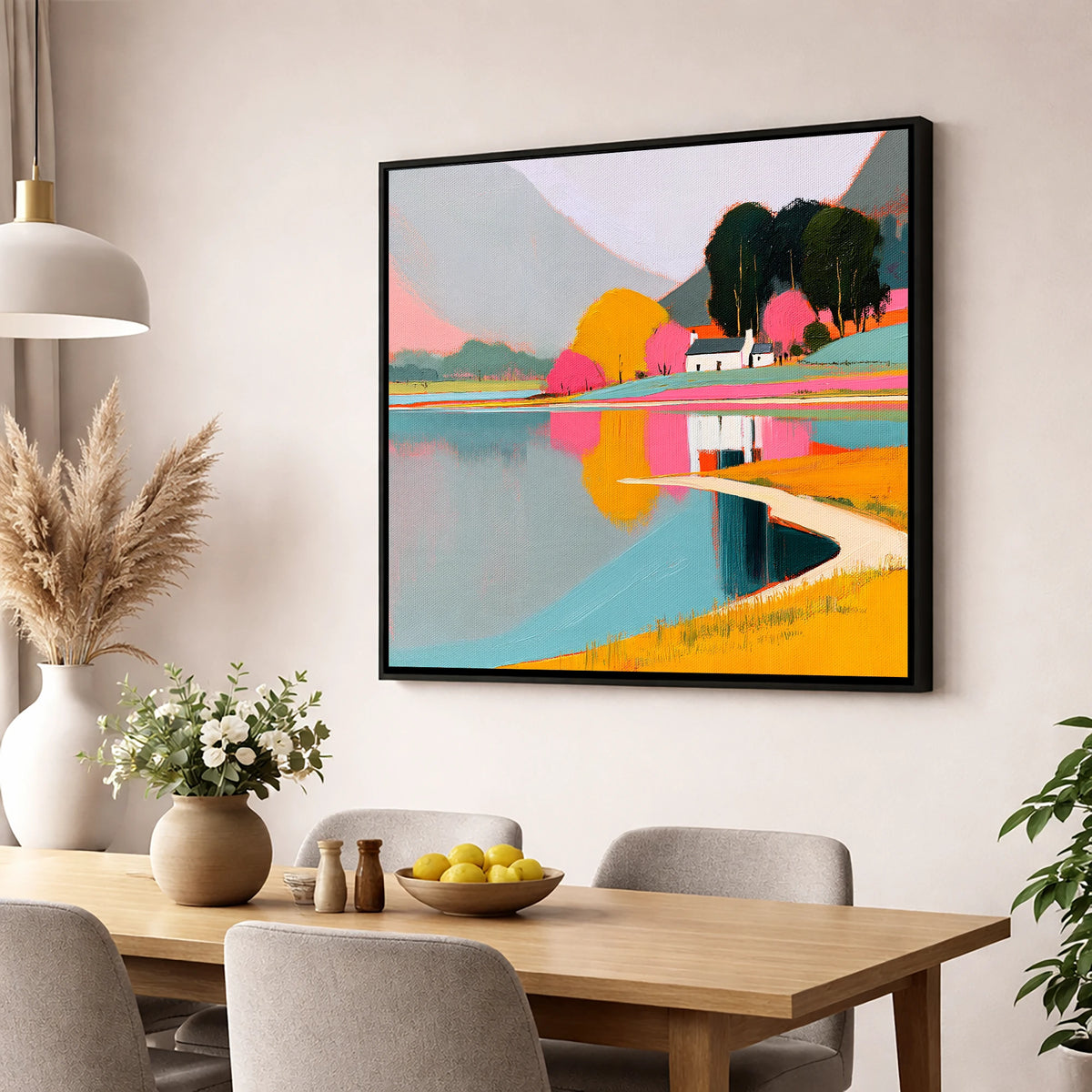 Vibrant Cottage and Lake Reflections lake district lake wall art displayed in a dining room