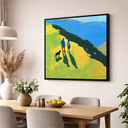 Sunlit Dog Walkers on Blencathra gifts for dog walkers wall art displayed in a dining room