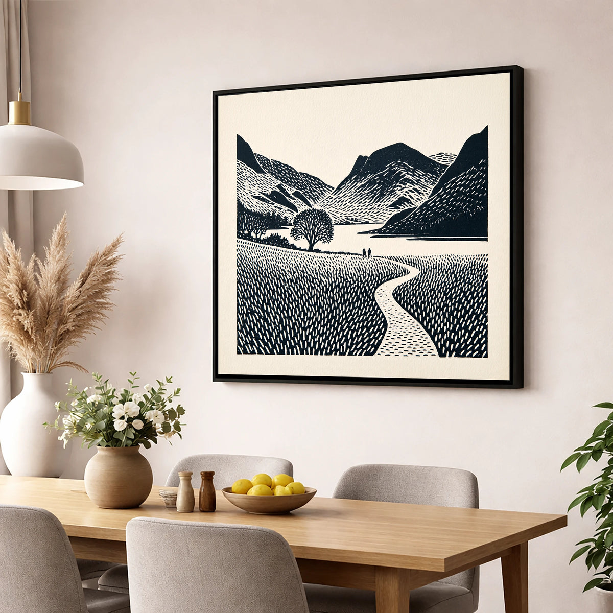 Winding Path at Buttermere lake district lake wall art displayed in a dining room