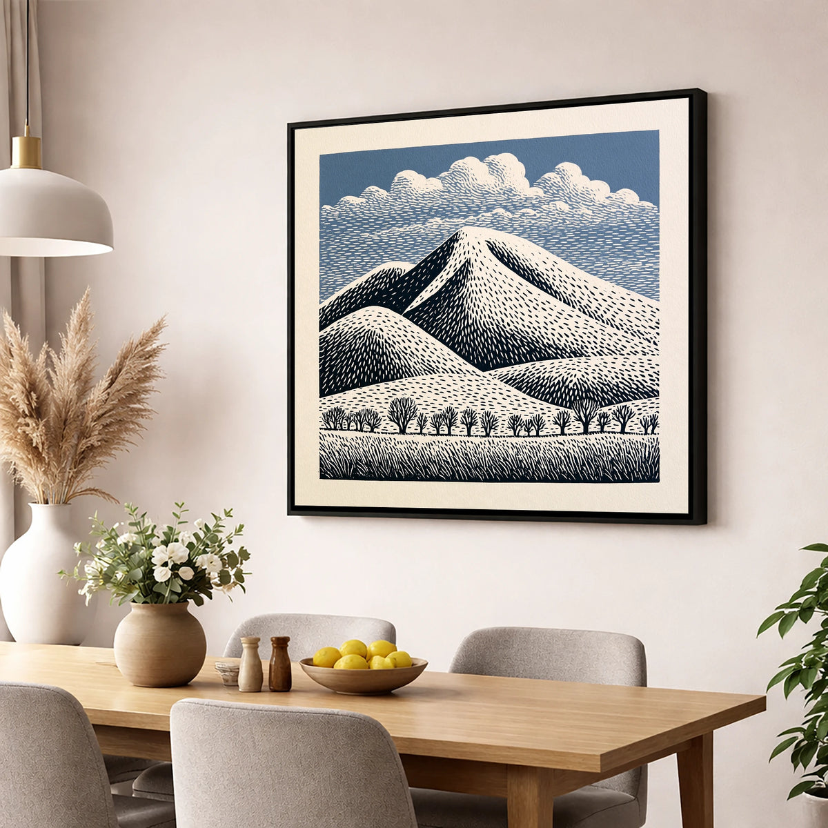 Skiddaw Mountain Beneath Patterned Clouds lake district fell wall art displayed in a dining room