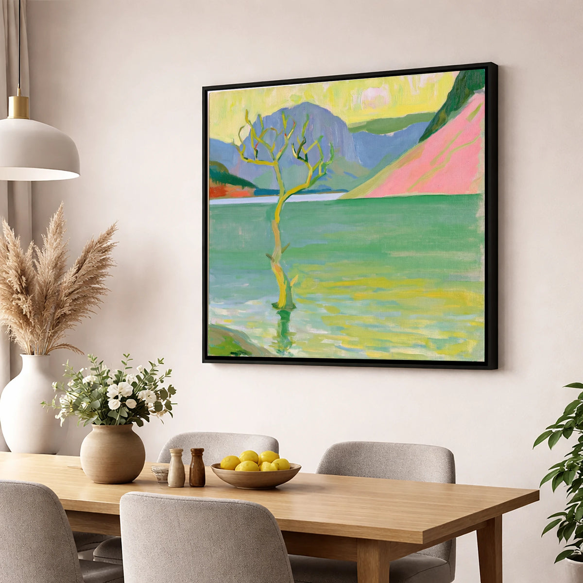 Vibrant Buttermere Lone Tree lake district lake wall art displayed in a dining room