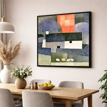 Stone Cottage in Bold Terracotta lake district village wall art displayed in a dining room