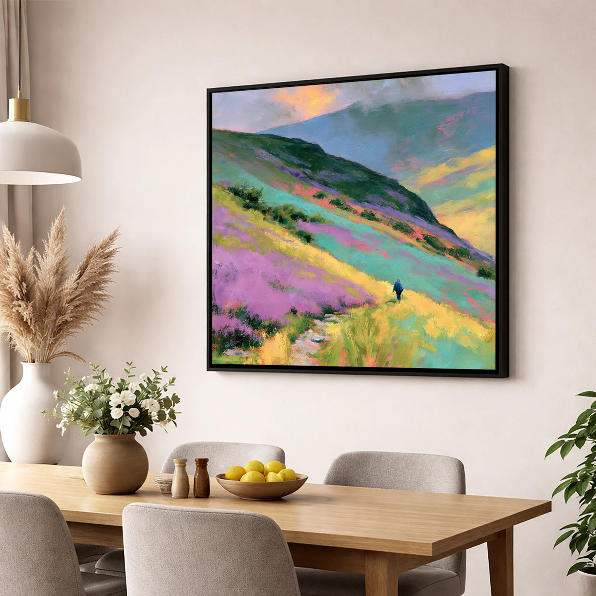 Lone Walker on Vivid Fells lake district walking wall art displayed in a dining room