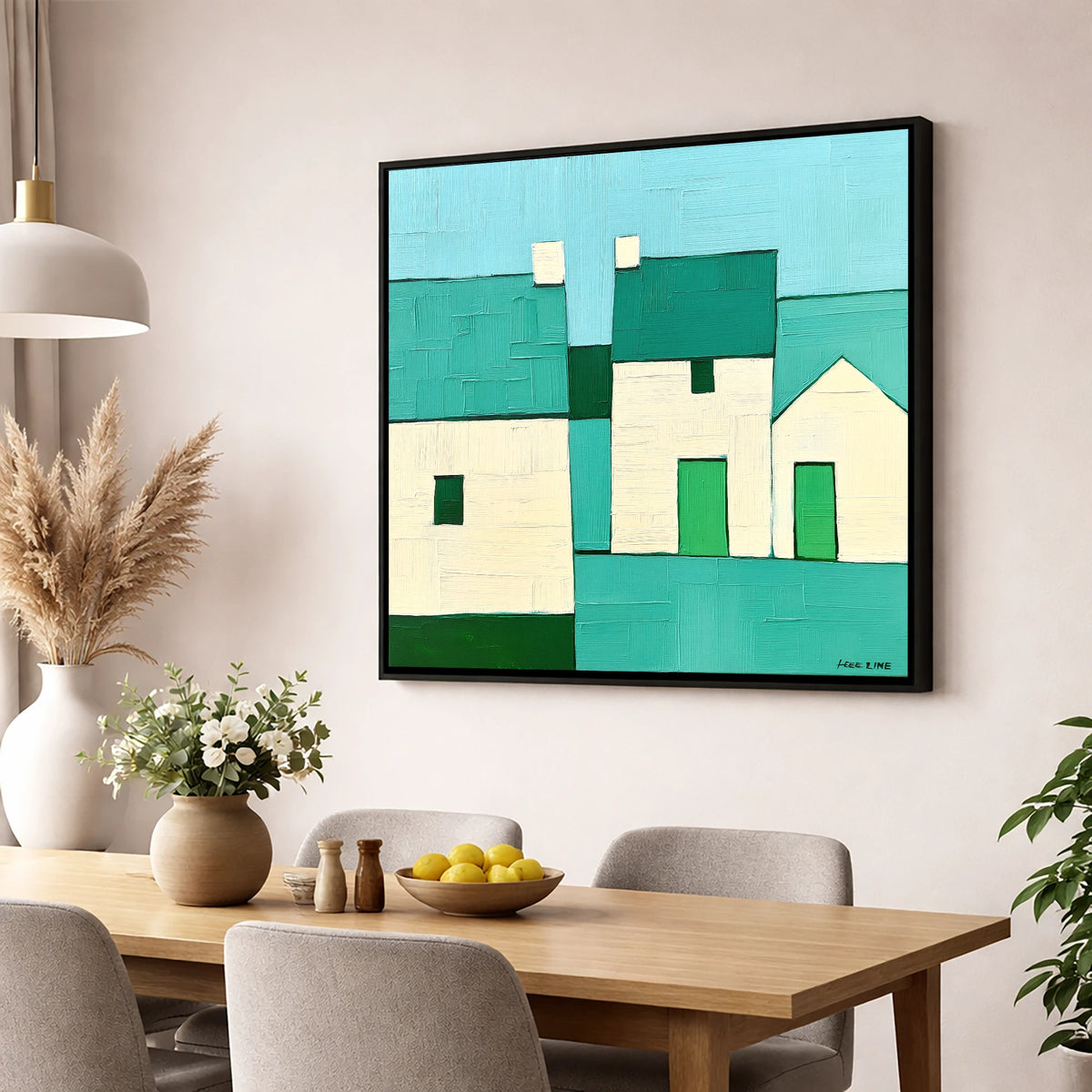 Modern Slate Roofed Cottages lake district village wall art displayed in a dining room