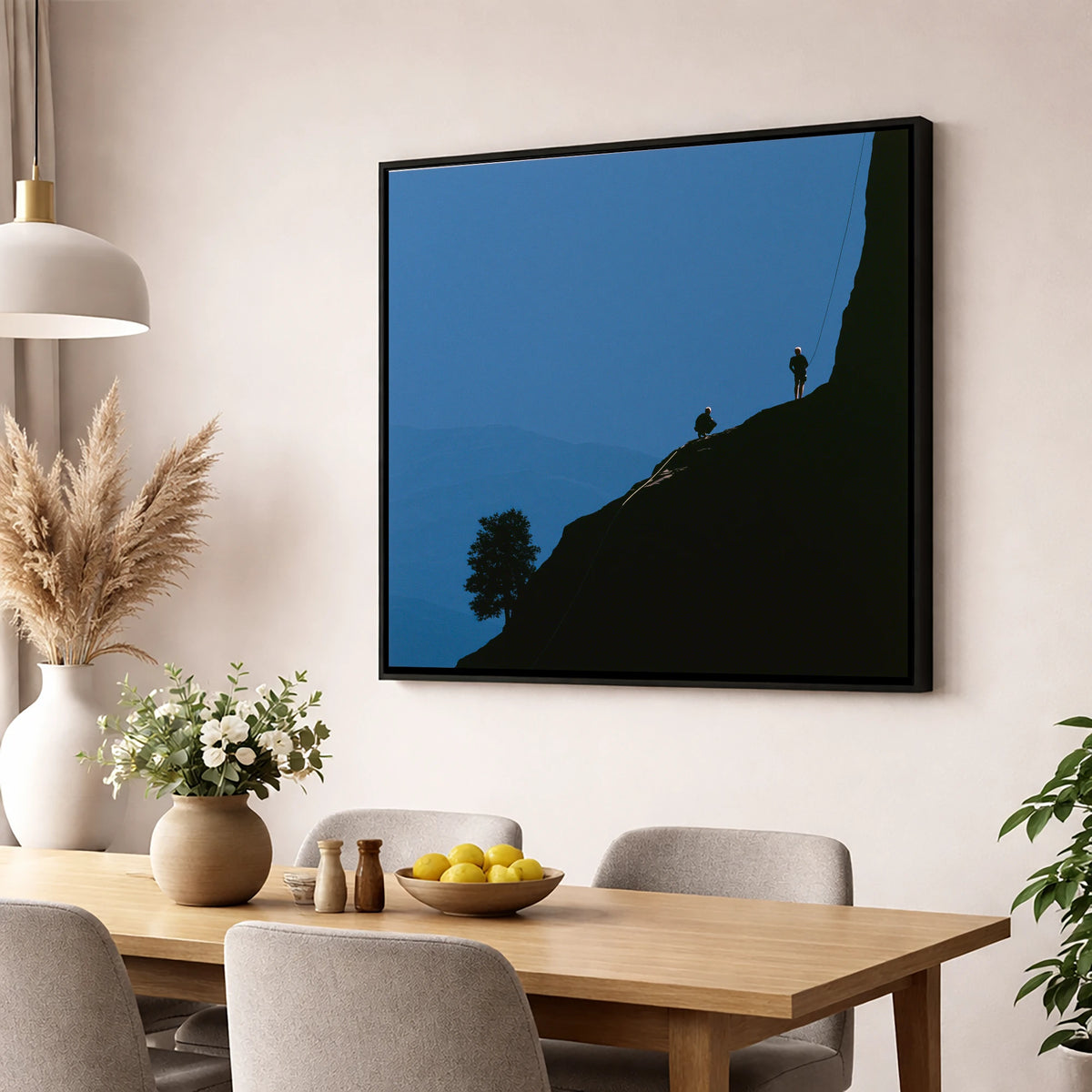 Midnight Blue Crag Ascent Silhouette lake district walking wall art displayed in a dining room