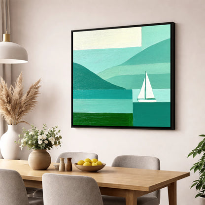 Geometric Lake District Sailboat lake district walking wall art displayed in a dining room