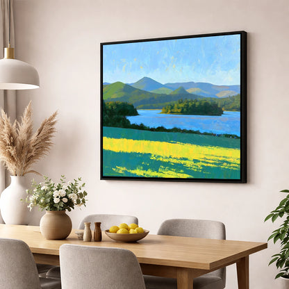 Sunlit Derwentwater From Crow Park lake district village wall art displayed in a dining room