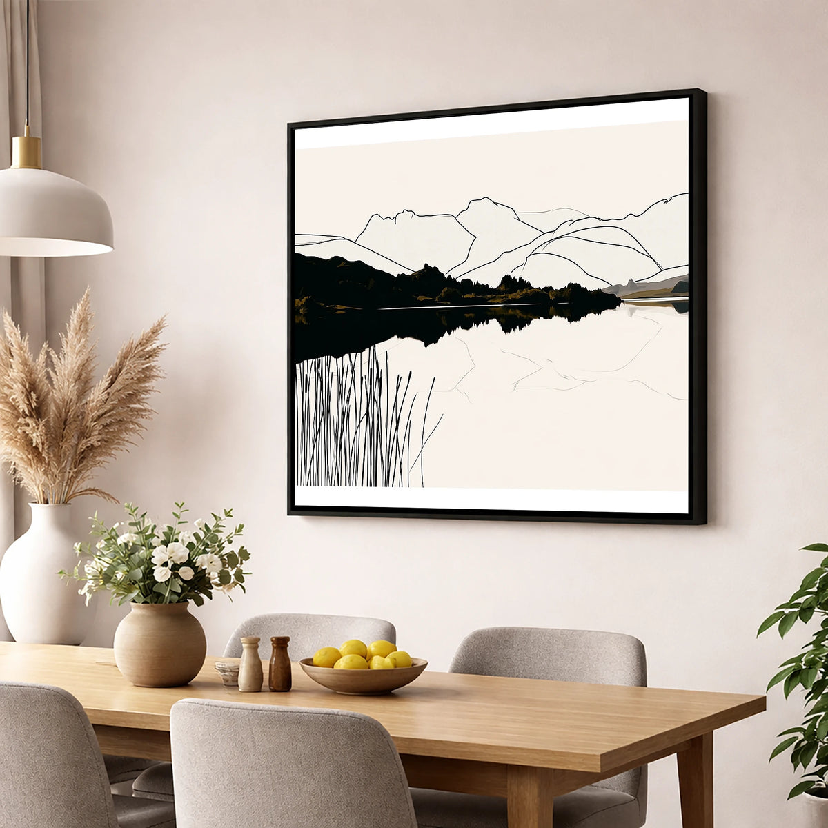Elterwater Reeds in Black and Cream lake district lake wall art displayed in a dining room