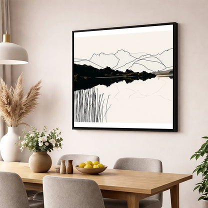 Elterwater Reeds in Black and Cream lake district lake wall art displayed in a dining room