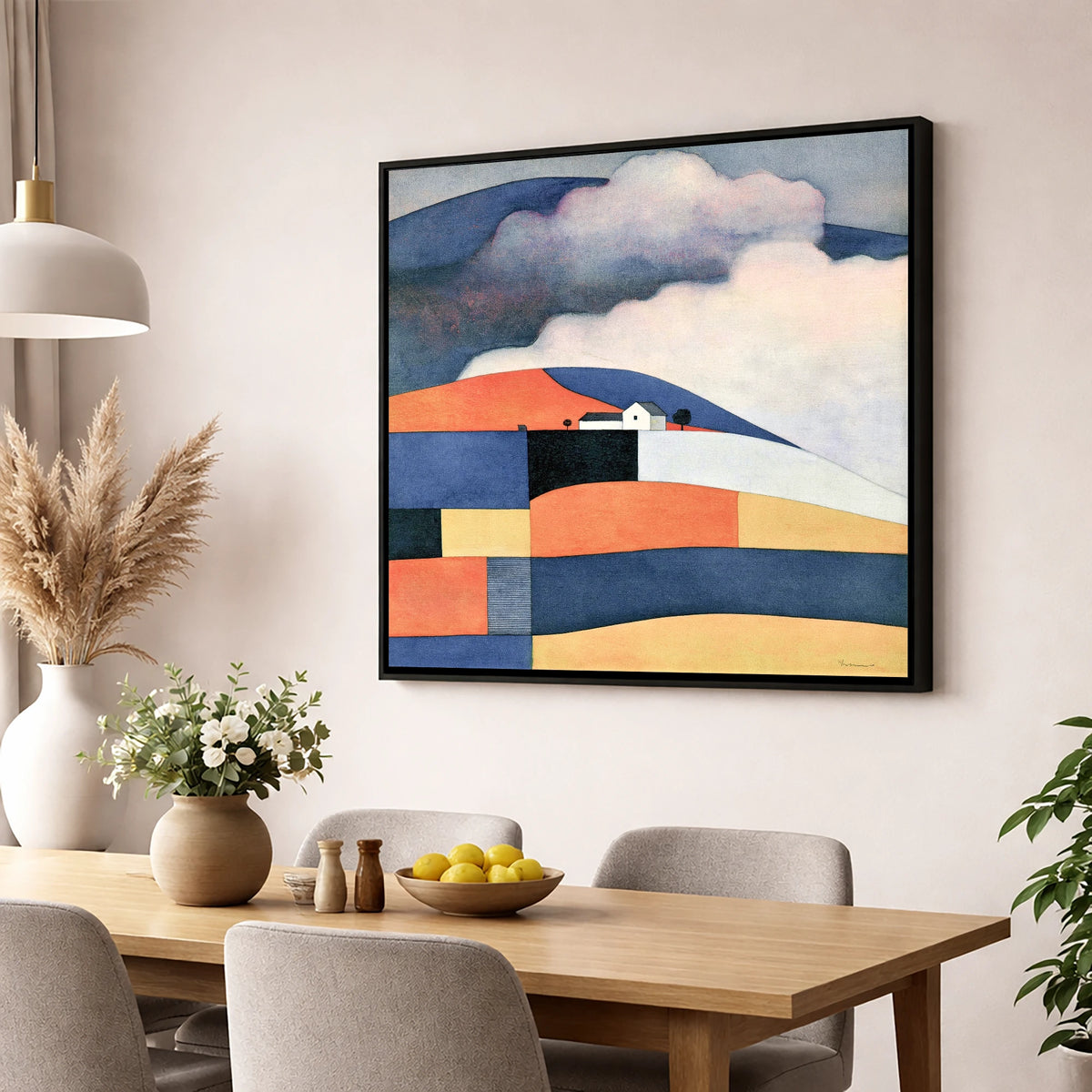Patchwork Rolling Fells Under Cloud lake district fell wall art displayed in a dining room