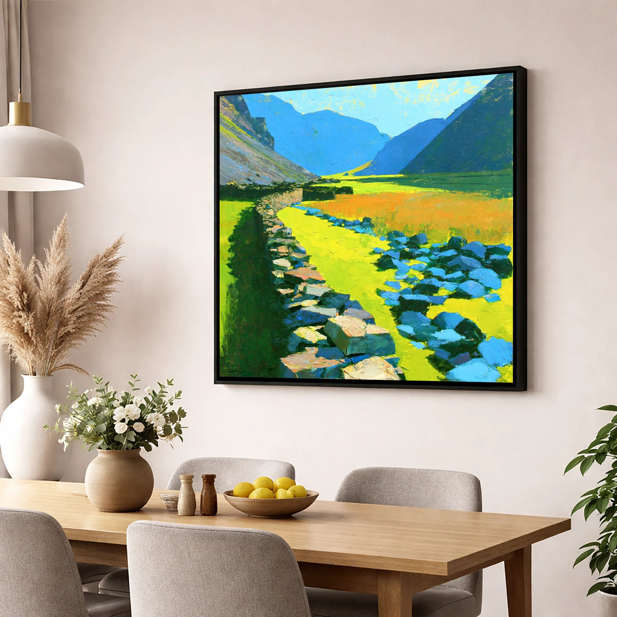 Sunlit Stone Wall and Blue Fells lake district valley wall art displayed in a dining room