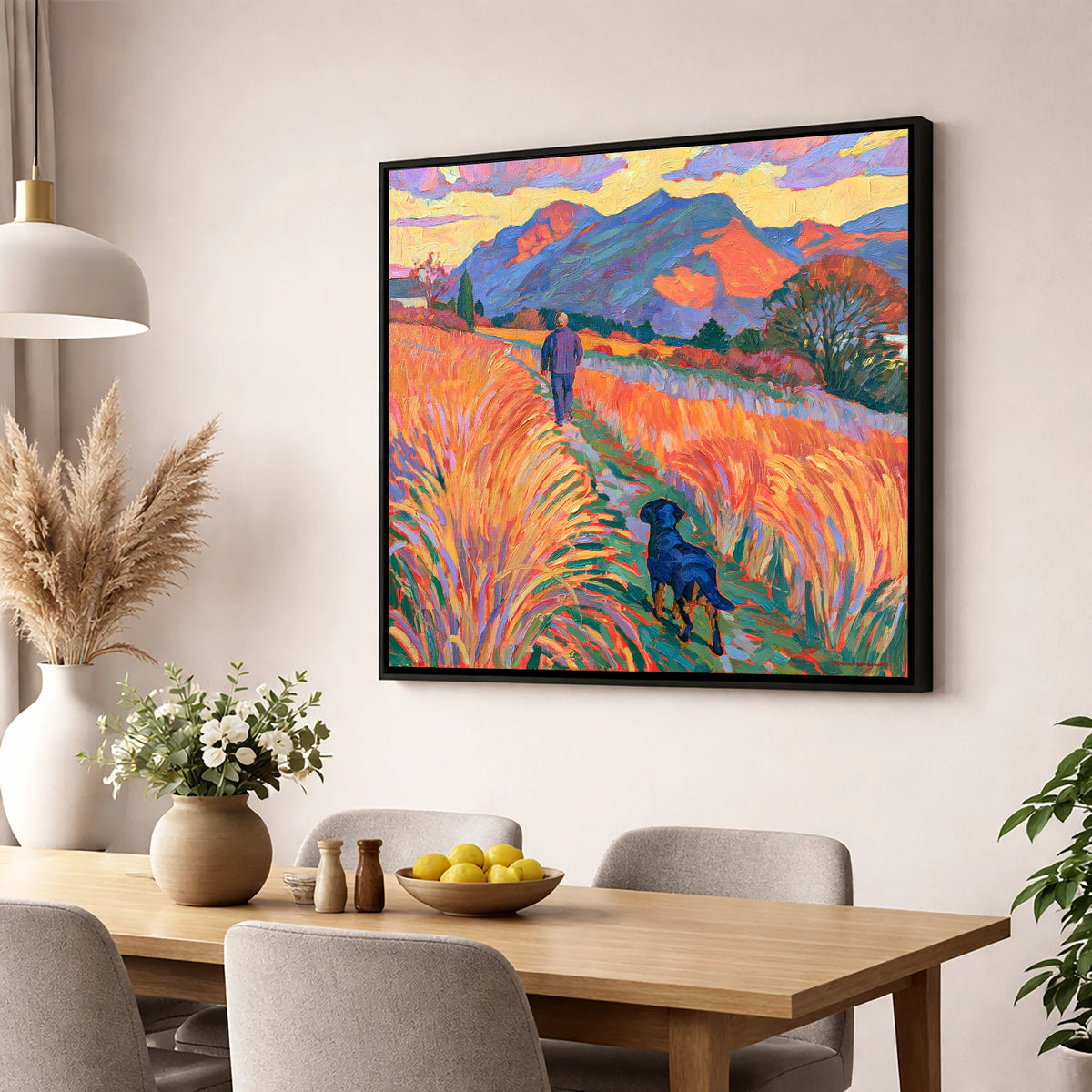 Vibrant Keswick Fells Dog Walk gifts for dog walkers wall art displayed in a dining room