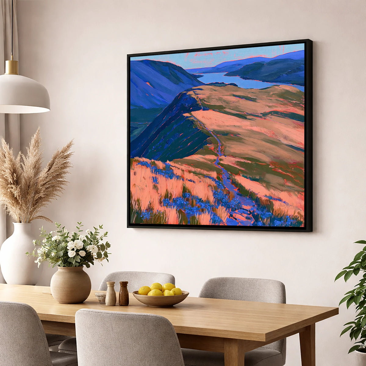 Beda Fell Ridge in Coral Light lake district village wall art displayed in a dining room