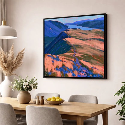 Beda Fell Ridge in Coral Light lake district village wall art displayed in a dining room