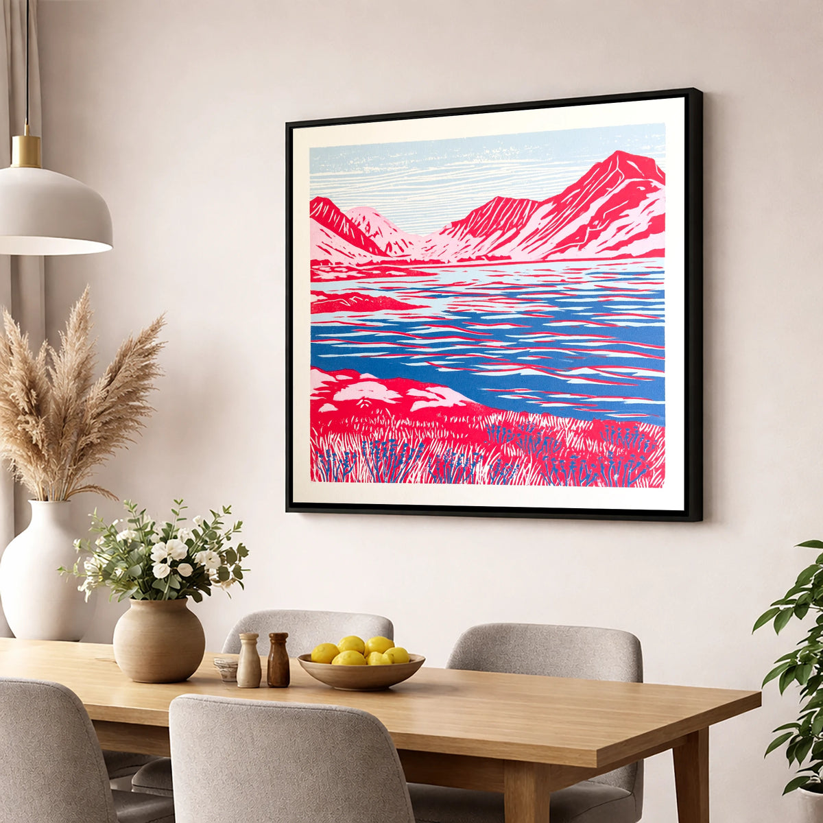 Vivid Red Ennerdale Fells lake district valley wall art displayed in a dining room