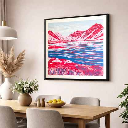 Vivid Red Ennerdale Fells lake district valley wall art displayed in a dining room