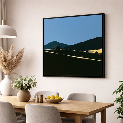 Golden Light on Silhouetted Fells lake district sky wall art displayed in a dining room