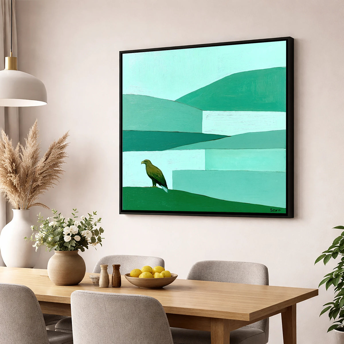 Golden Eagle Over Teal Fells lake district wildlife wall art displayed in a dining room