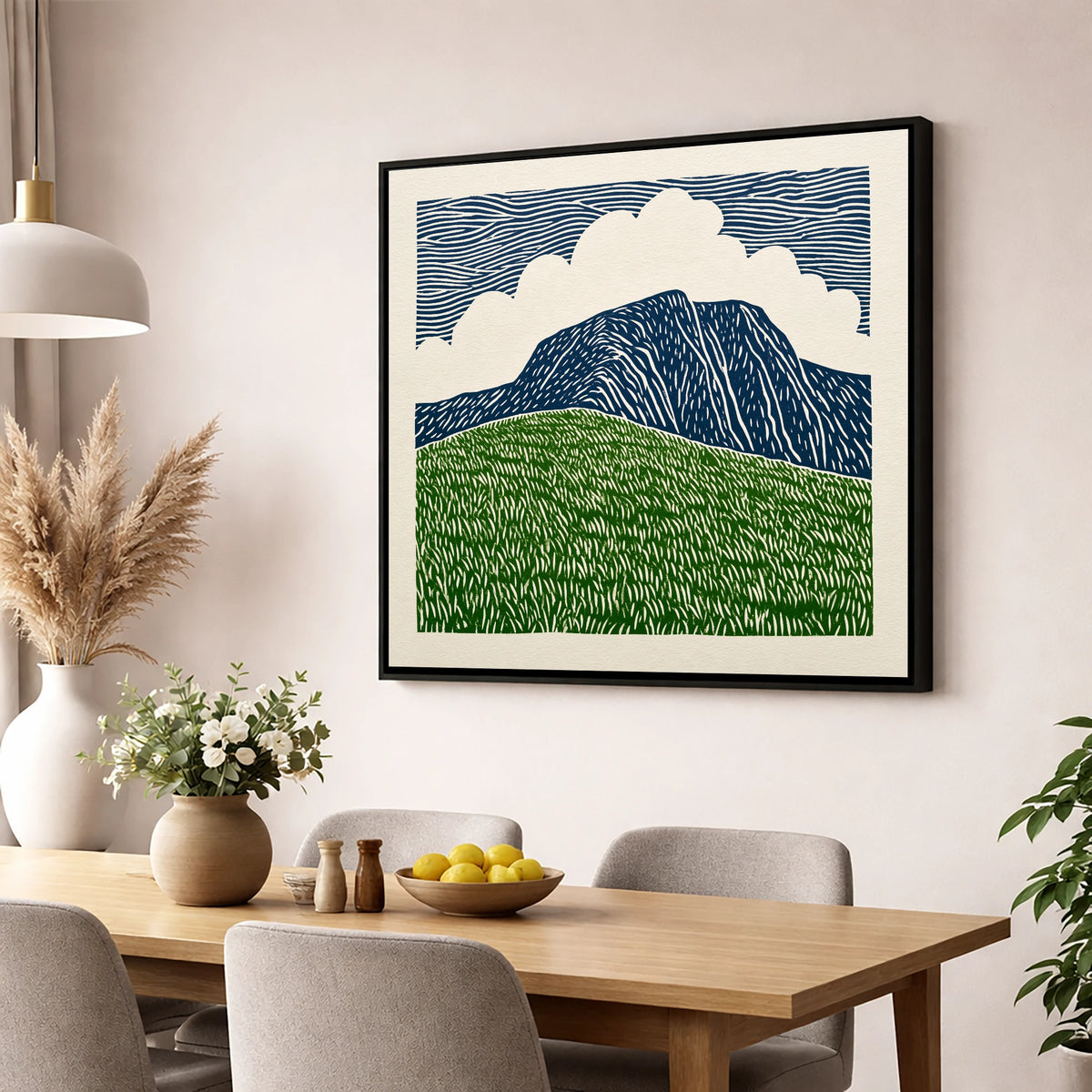 Helvellyn in Bold Graphic Lines lake district fell wall art displayed in a dining room