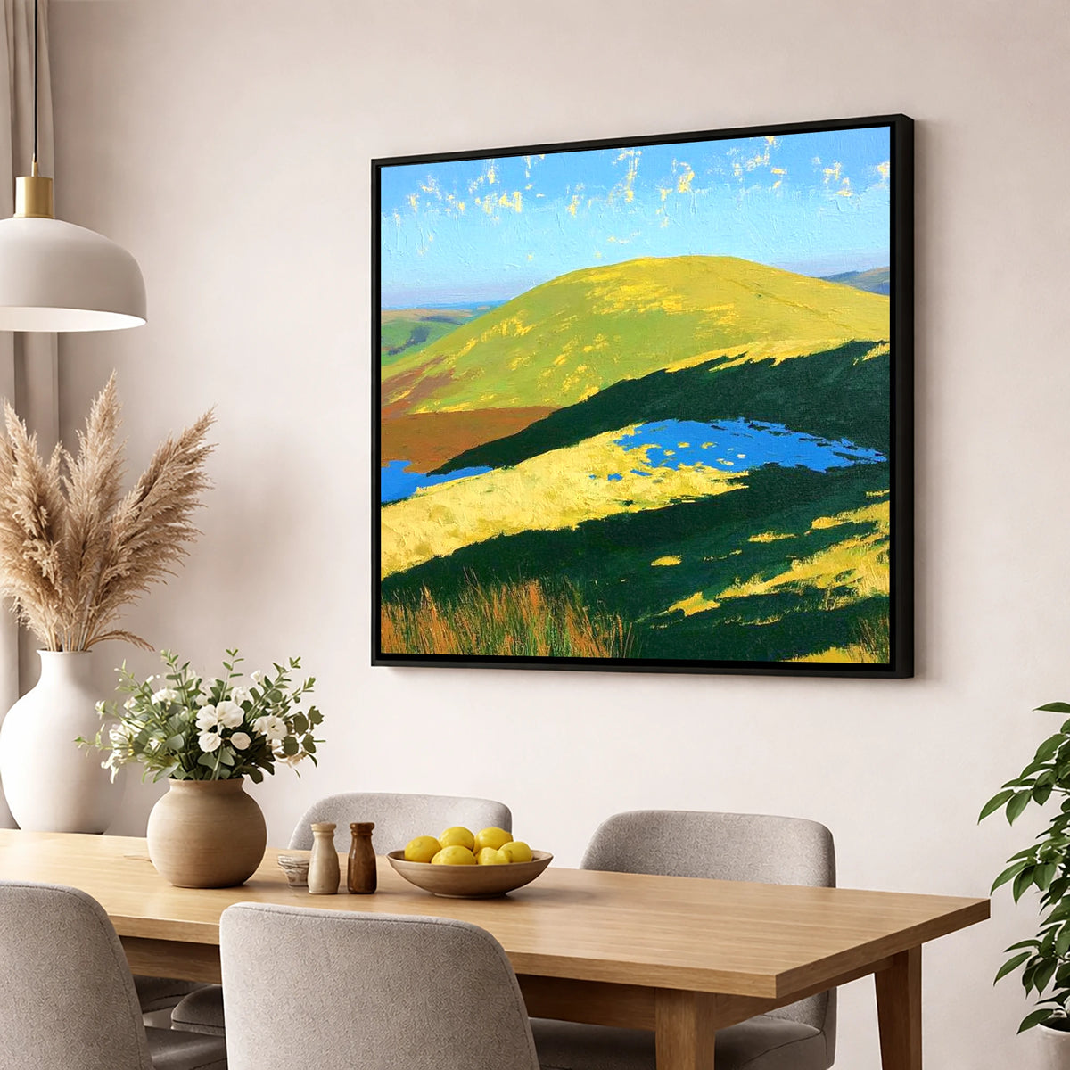 Sunlit Little Mell Fell lake district fell wall art displayed in a dining room